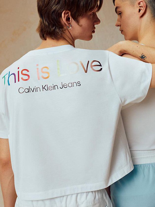 White Calvin Klein Cropped Logo - Pride Men T-Shirt | SMZC-76259