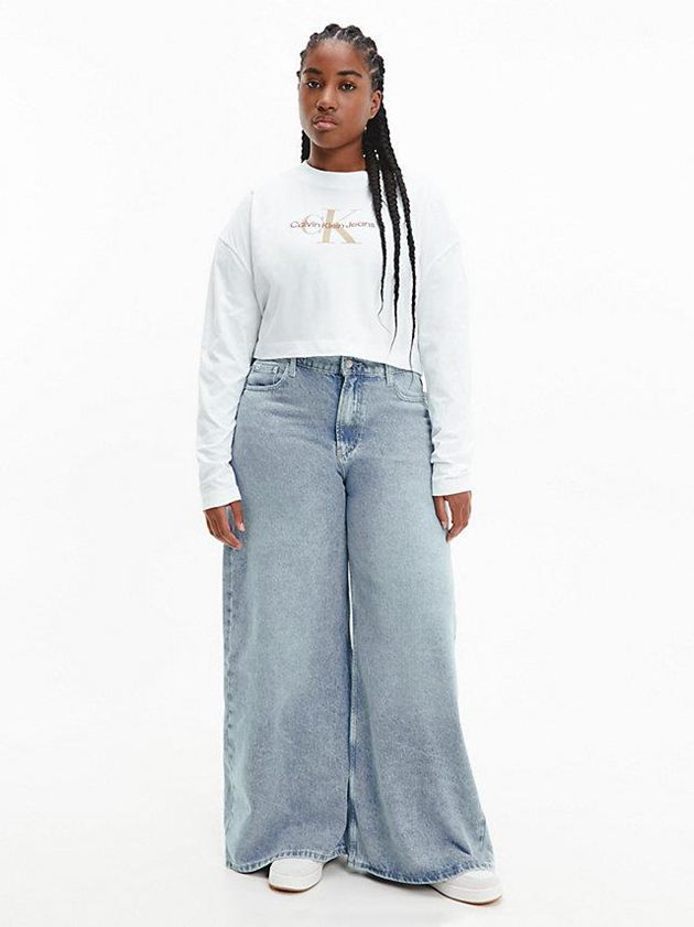 White Calvin Klein Cropped Long Sleeve Logo Women T-Shirt | EFRY-18294