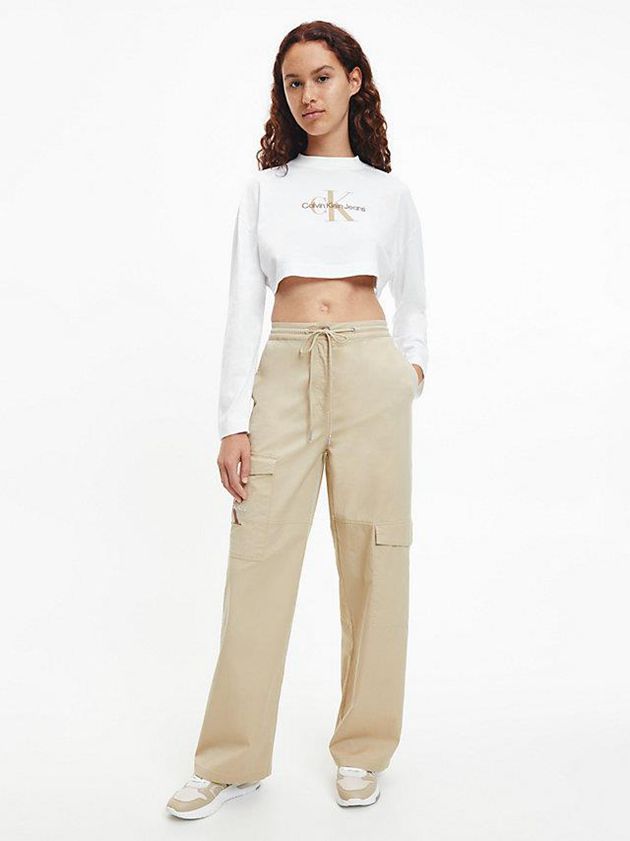 White Calvin Klein Cropped Long Sleeve Logo Women T-Shirt | EFRY-18294