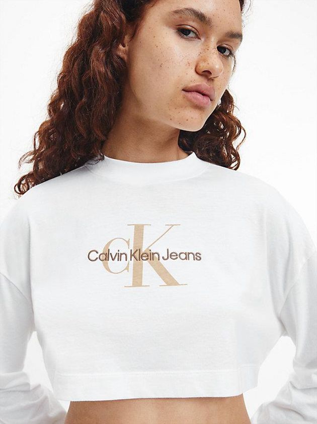 White Calvin Klein Cropped Long Sleeve Logo Women T-Shirt | EFRY-18294