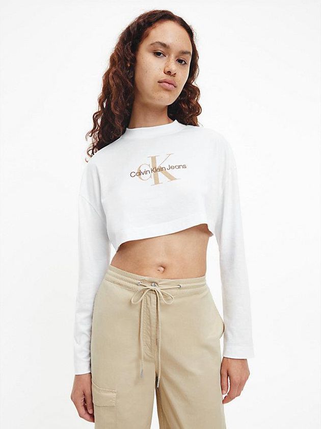 White Calvin Klein Cropped Long Sleeve Logo Women T-Shirt | EFRY-18294