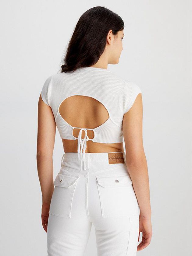 White Calvin Klein Cropped Open Back Knit Women Top | REAK-48291