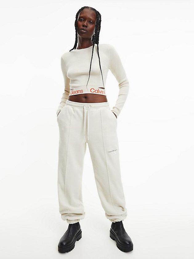 White Calvin Klein Cut Out Logo Tape Jumper Women Sweater | GYNE-15739
