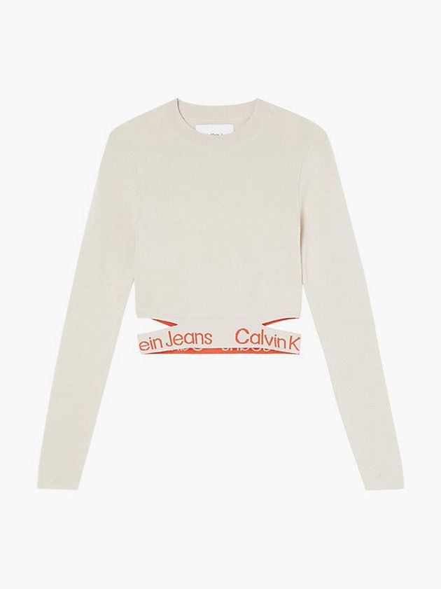 White Calvin Klein Cut Out Logo Tape Jumper Women Sweater | GYNE-15739