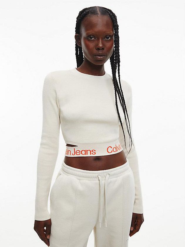 White Calvin Klein Cut Out Logo Tape Jumper Women Sweater | GYNE-15739