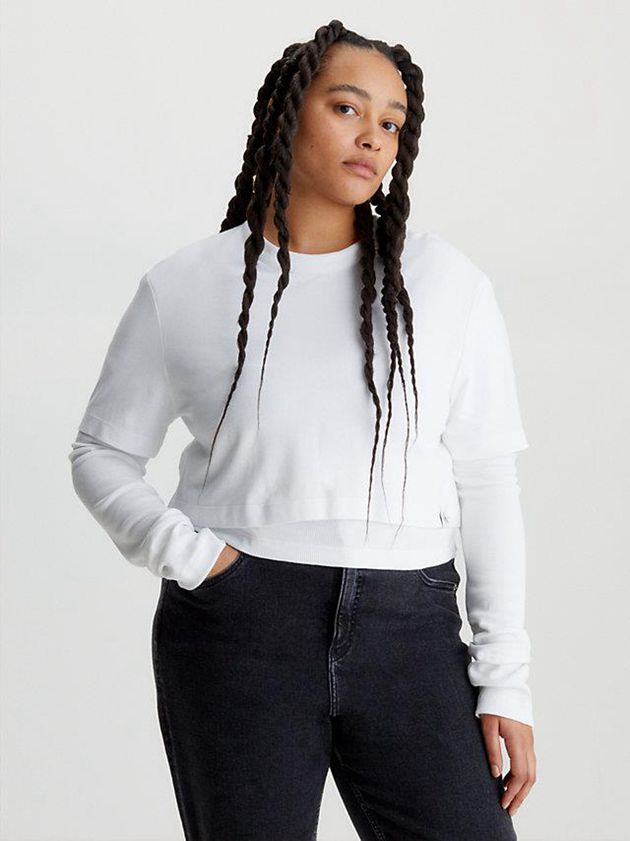 White Calvin Klein Double Layer Long Sleeve Women T-Shirt | TNEL-26397