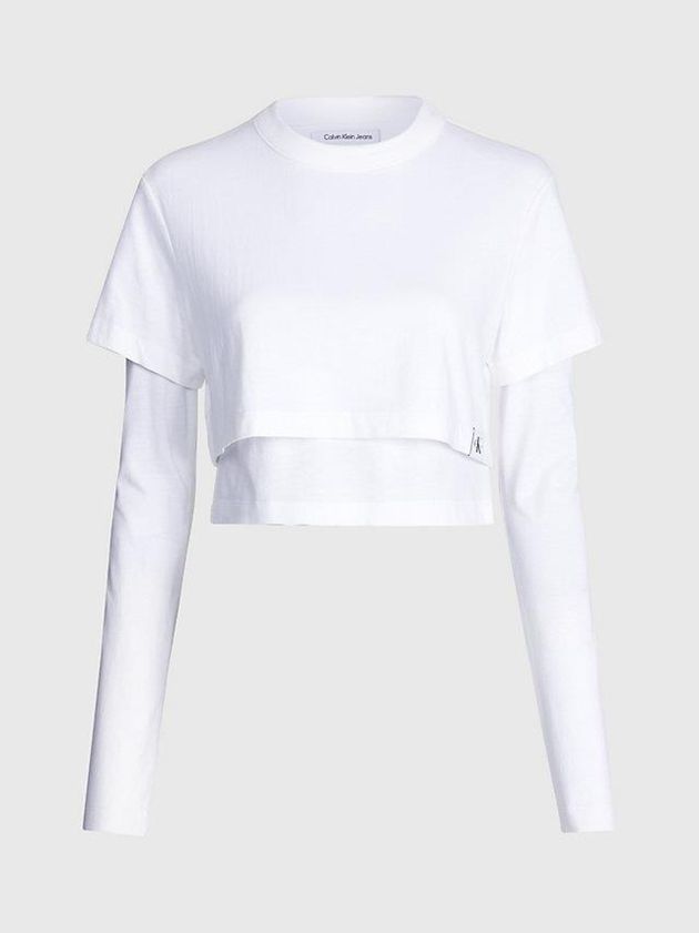 White Calvin Klein Double Layer Long Sleeve Women T-Shirt | TNEL-26397