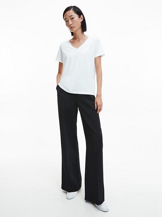 White Calvin Klein Essential V-Neck Women T-Shirt | QUXE-87032
