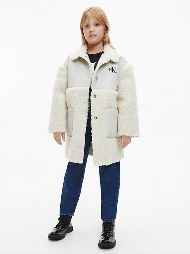 White Calvin Klein Faux Leather Teddy Sherpa Coat Girls's Jacket | LBPV-57231