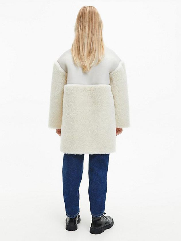 White Calvin Klein Faux Leather Teddy Sherpa Coat Girls's Jacket | LBPV-57231