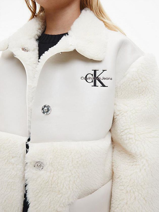 White Calvin Klein Faux Leather Teddy Sherpa Coat Girls's Jacket | LBPV-57231