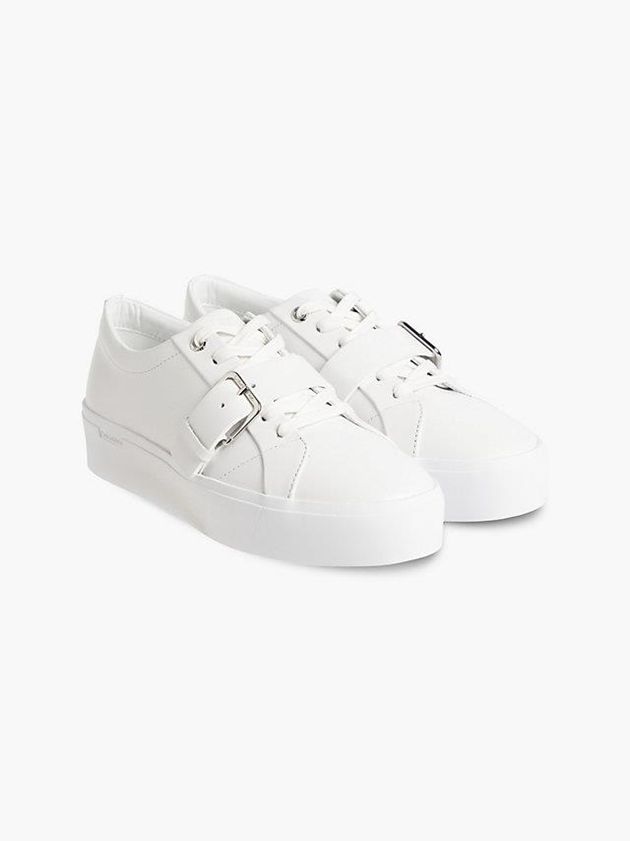 White Calvin Klein Leather Platform Women Sneakers | MZNW-03419