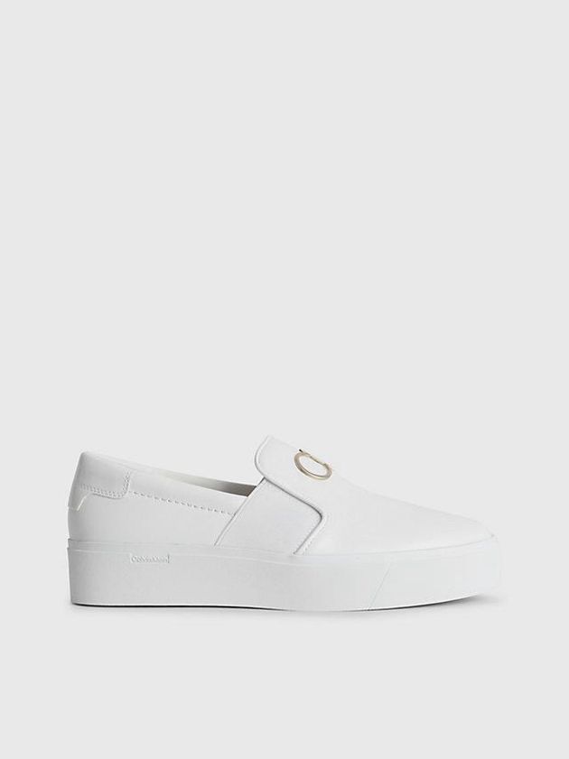 White Calvin Klein Leather Platform Women Slip On | PYBH-62941