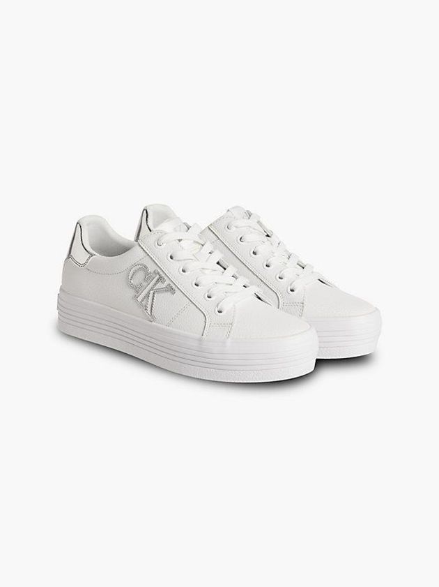 White Calvin Klein Leather Platform Women Sneakers | QDAN-23495