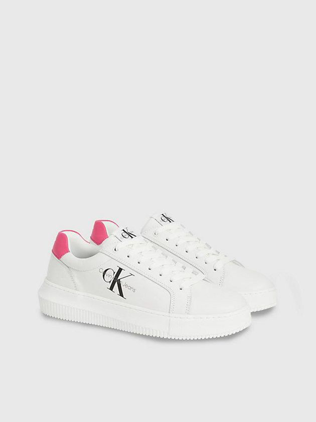 White Calvin Klein Leather Women Sneakers | PMDC-95142