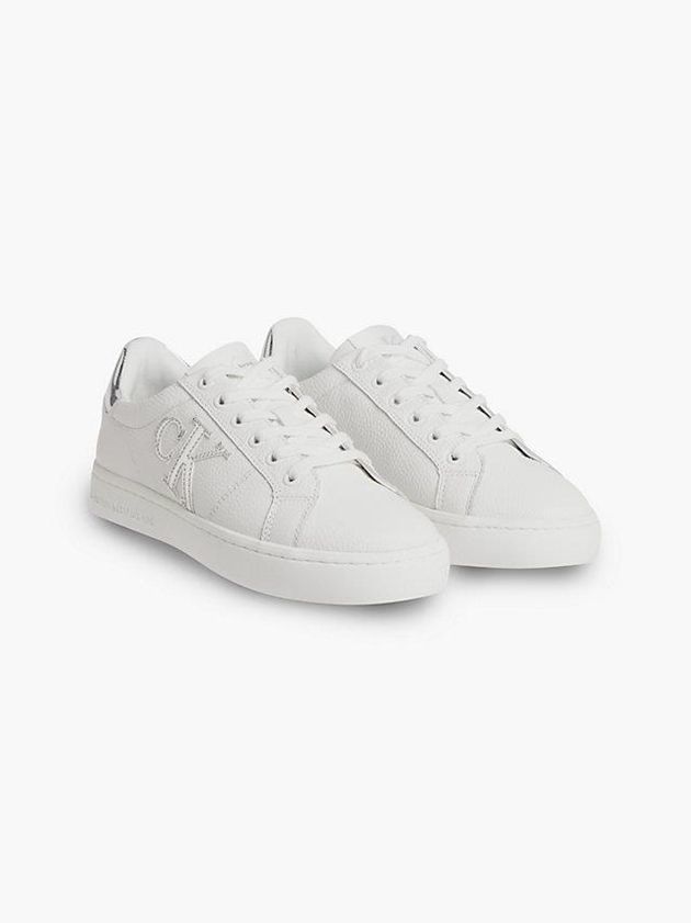 White Calvin Klein Leather Women Sneakers | IKUC-39175