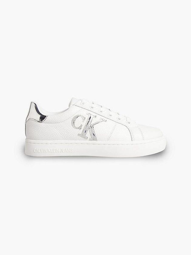 White Calvin Klein Leather Women Sneakers | IKUC-39175