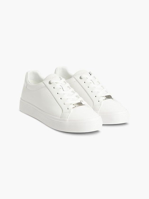 White Calvin Klein Leather Women Sneakers | WOXB-09426