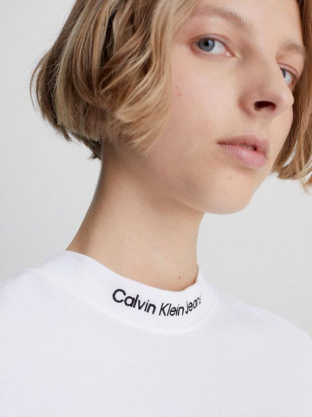 White Calvin Klein Logo Collar Women T-Shirt | JWAG-89145