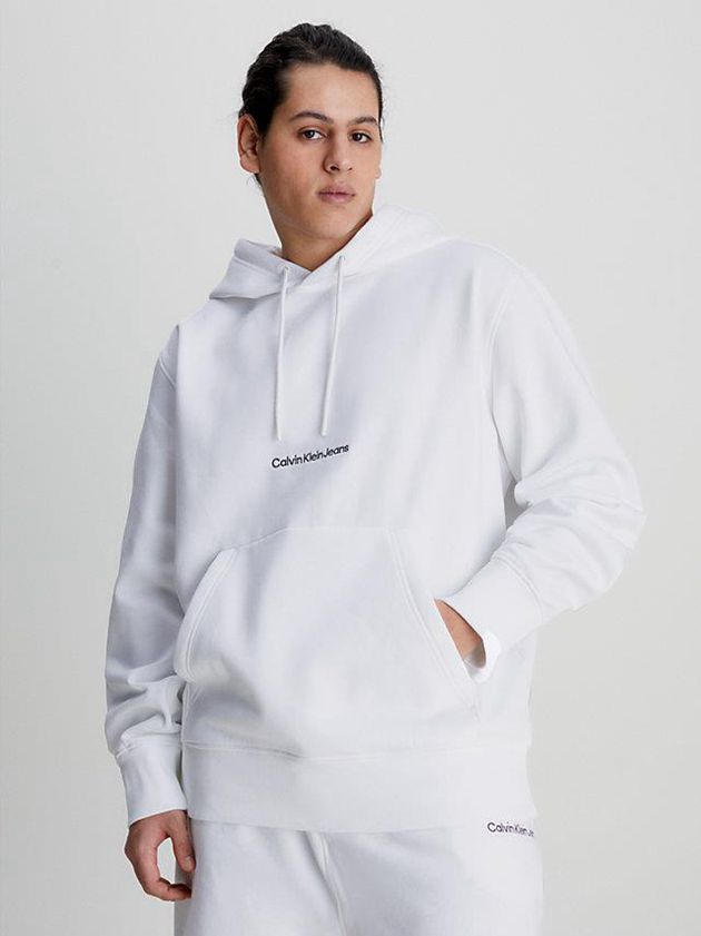 White Calvin Klein Logo Men Hoodie | VRFP-32758