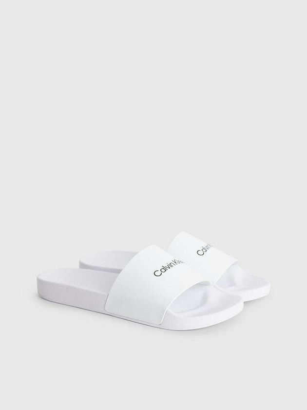 White Calvin Klein Logo Sliders Men Slippers | FIOA-78946
