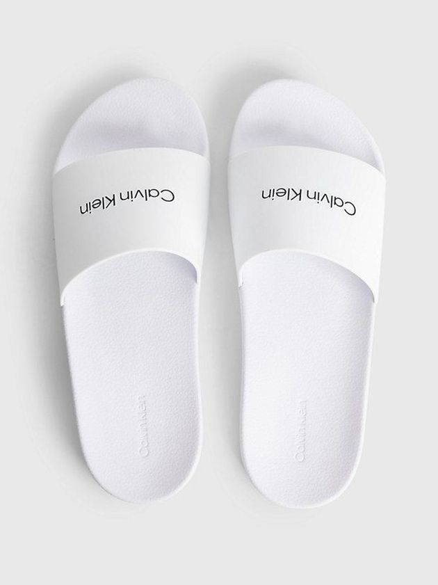 White Calvin Klein Logo Sliders Men Slippers | FIOA-78946