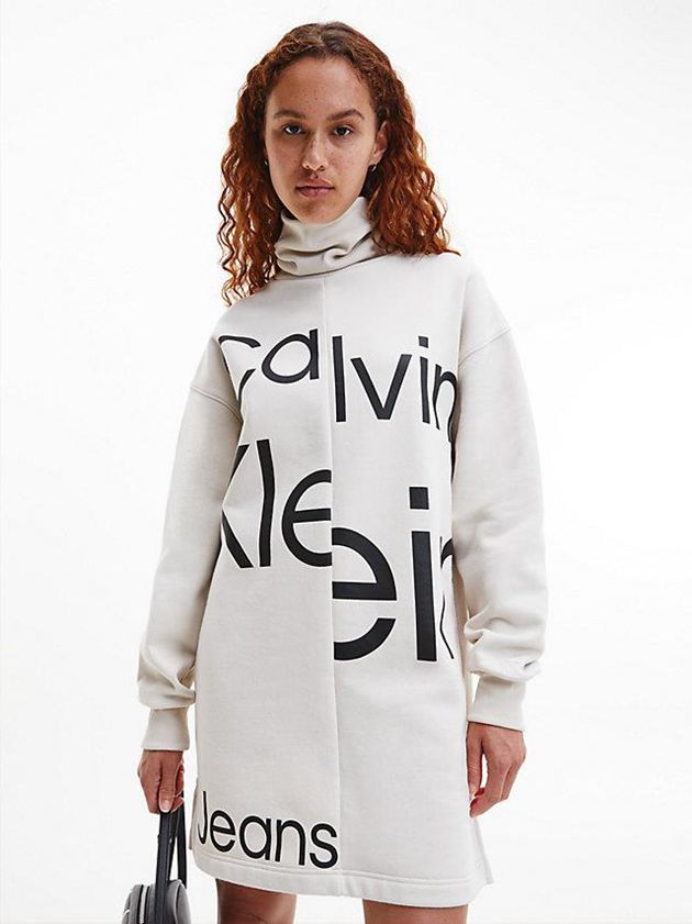 White Calvin Klein Logo Sweatshirt Women Dress | GLSM-71835