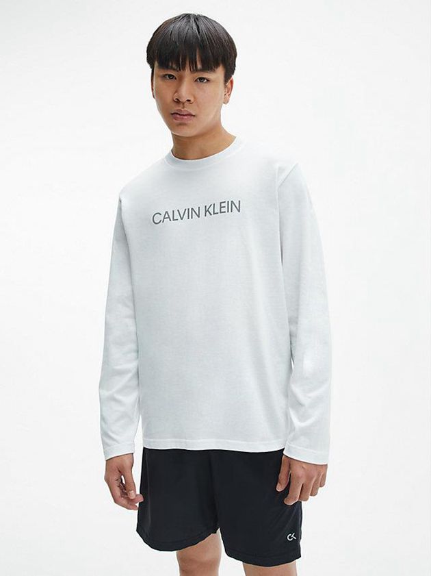White Calvin Klein Long Sleeve Logo Gym Men T-Shirt | VWLF-96327
