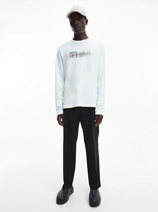 White Calvin Klein Long Sleeve Logo Men T-Shirt | BDWY-09416