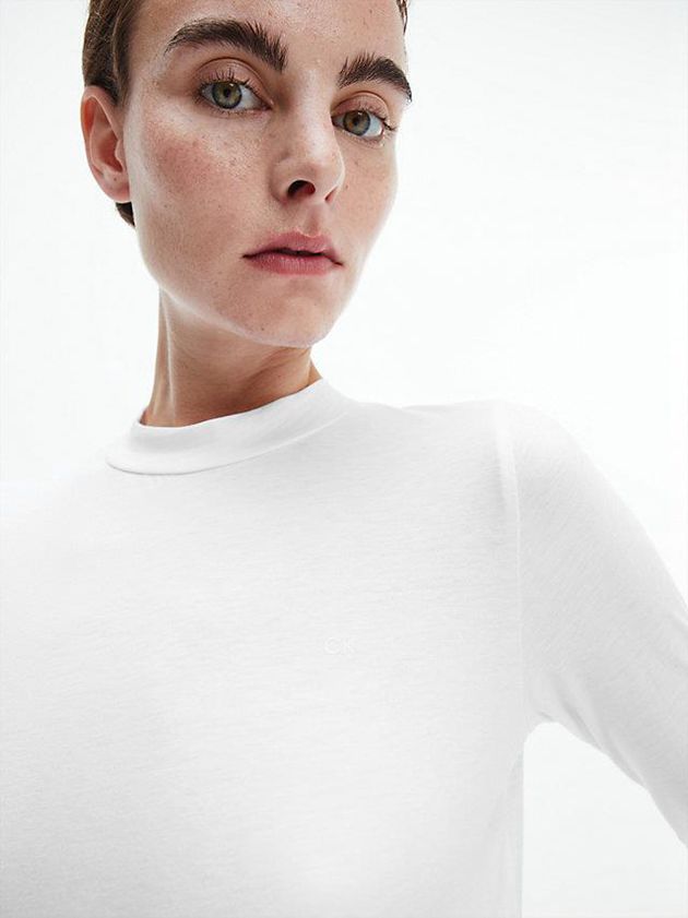 White Calvin Klein Long Sleeve Mock Neck Women T-Shirt | DESY-07253