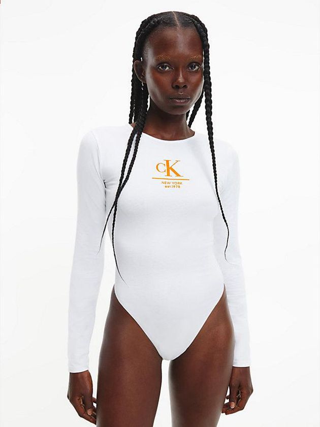 White Calvin Klein Long Sleeve Women Bodysuit | PFKS-84621