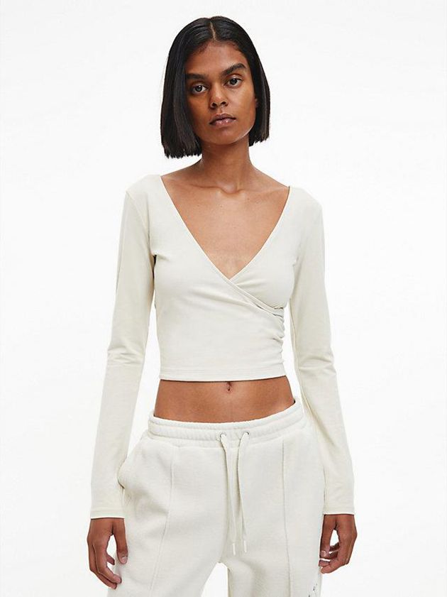 White Calvin Klein Long Sleeve Wrap Women Top | YABX-80619