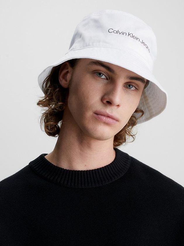 White Calvin Klein Organic Cotton Bucket Men Cap | MUDR-18526