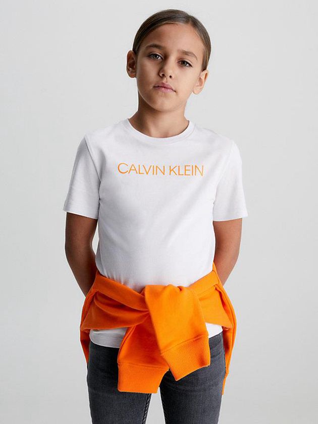 White Calvin Klein Organic Cotton Logo Girls's T-Shirt | IUMN-63580
