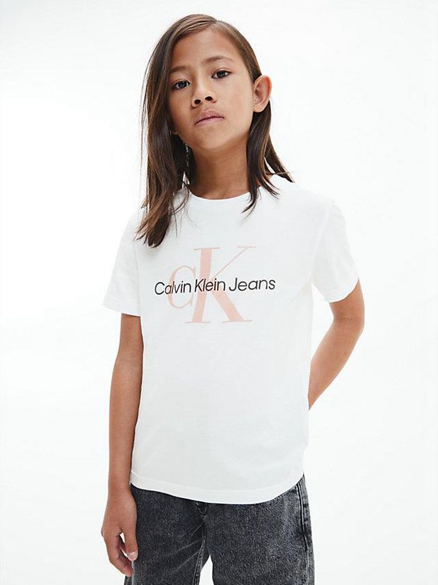 White Calvin Klein Organic Cotton Logo Girls's T-Shirt | SEFM-96847