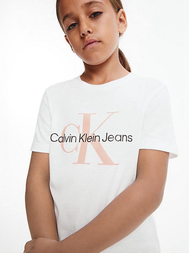 White Calvin Klein Organic Cotton Logo Girls's T-Shirt | SEFM-96847