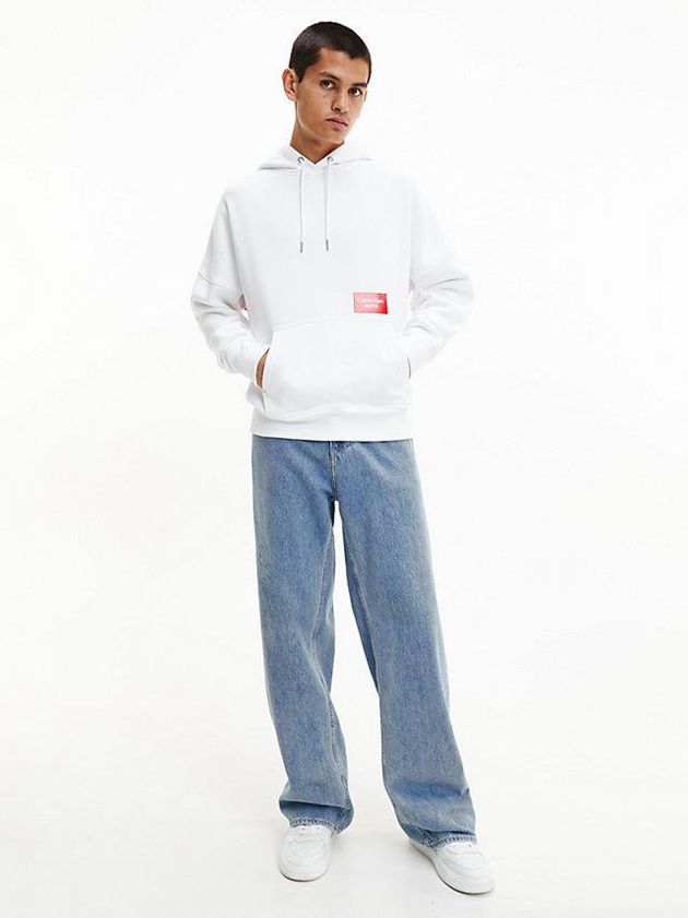 White Calvin Klein Oversized Back Logo Men Hoodie | QHSE-26573