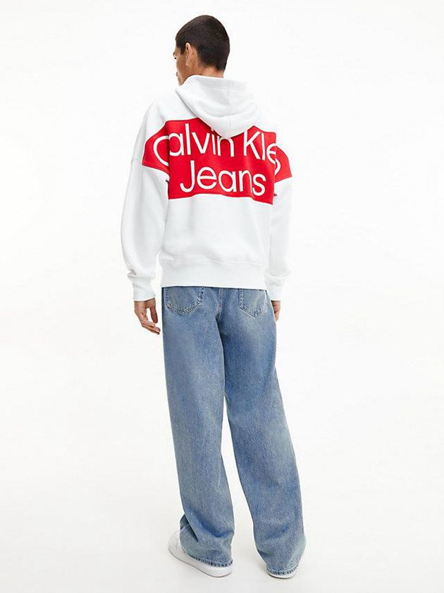 White Calvin Klein Oversized Back Logo Men Hoodie | QHSE-26573