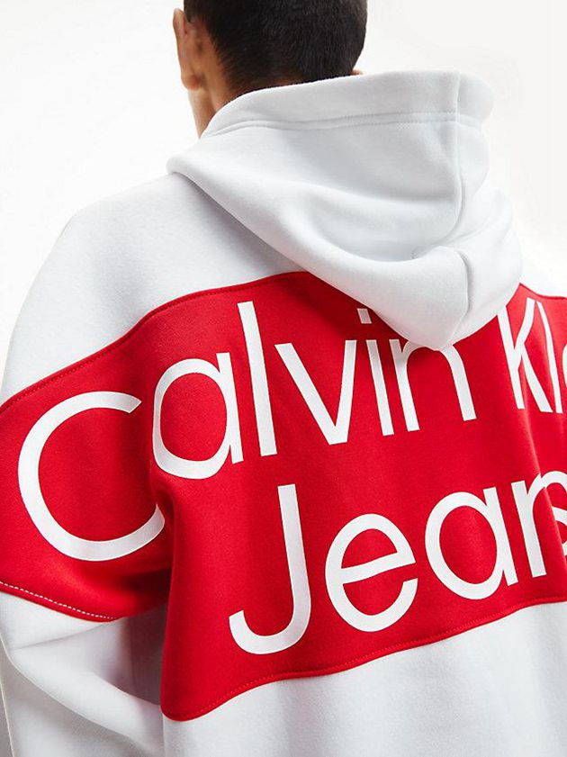 White Calvin Klein Oversized Back Logo Men Hoodie | QHSE-26573