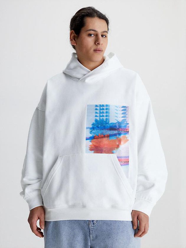 White Calvin Klein Oversized Embroidered Men Hoodie | QNRZ-64085