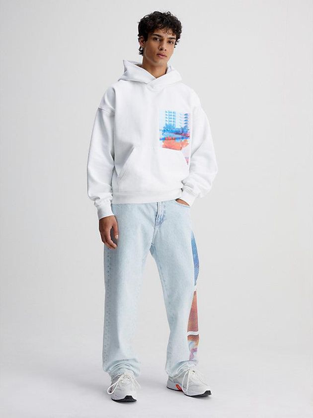 White Calvin Klein Oversized Embroidered Men Hoodie | QNRZ-64085