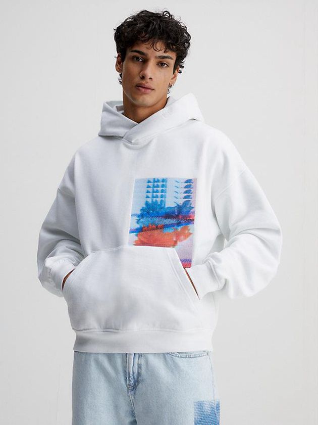 White Calvin Klein Oversized Embroidered Men Hoodie | QNRZ-64085