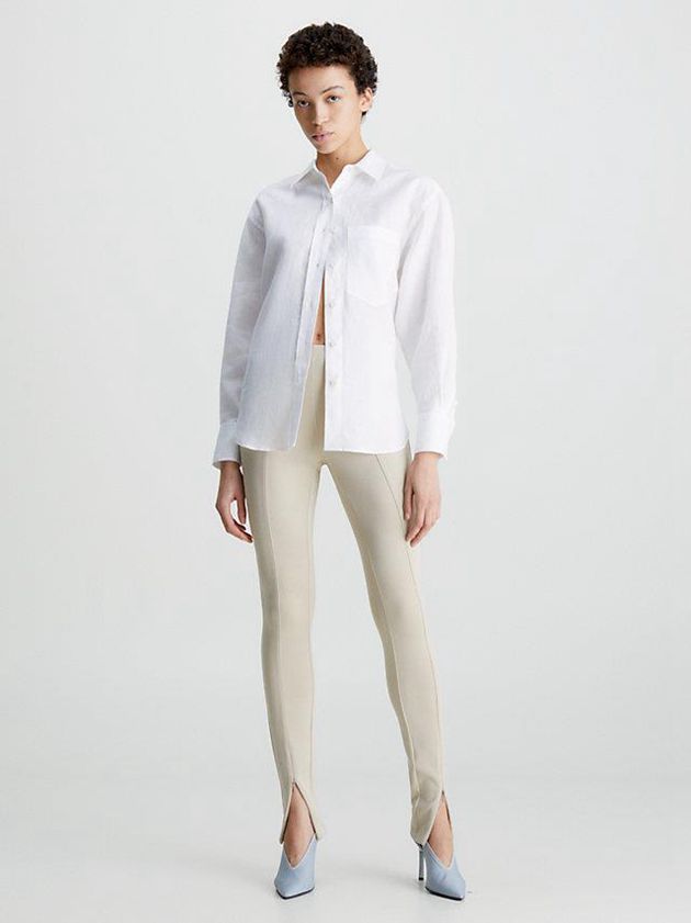 White Calvin Klein Oversized Linen Shirt Women Top | QDEM-94851