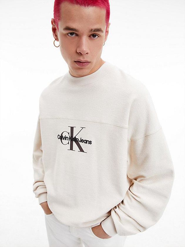 White Calvin Klein Oversized Textured Logo Men Sweatshirt | QAHD-92183