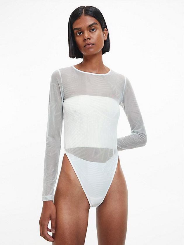 White Calvin Klein Recycled Mesh Long Sleeve Women Bodysuit | GCOU-95621