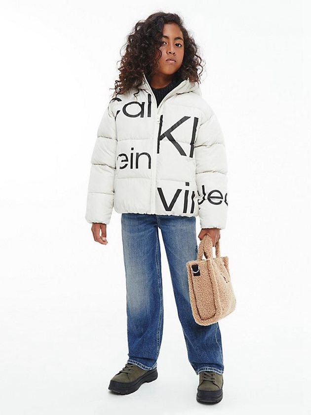 White Calvin Klein Recycled Polyester Logo Puffer Girls's Jacket | DWAS-45073
