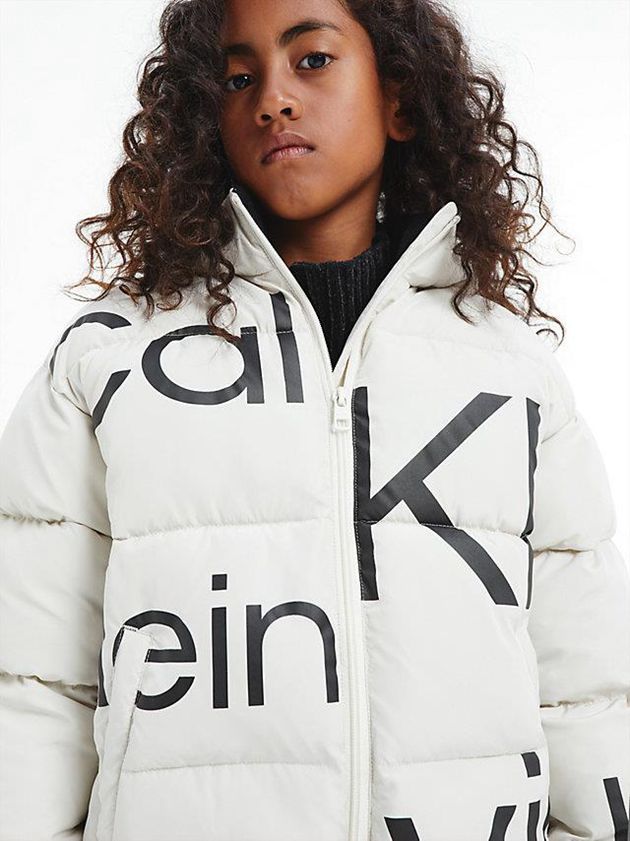 White Calvin Klein Recycled Polyester Logo Puffer Girls's Jacket | DWAS-45073