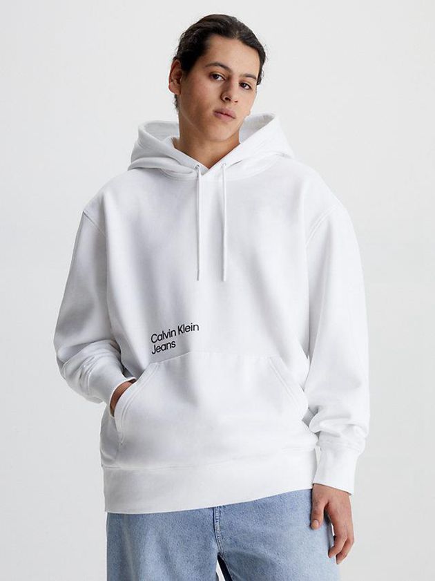White Calvin Klein Relaxed Back Logo Men Hoodie | PMJQ-78425