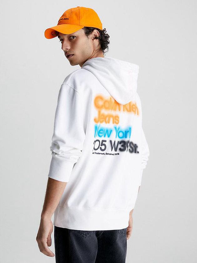 White Calvin Klein Relaxed Back Logo Men Hoodie | PMJQ-78425