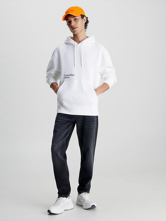 White Calvin Klein Relaxed Back Logo Men Hoodie | PMJQ-78425